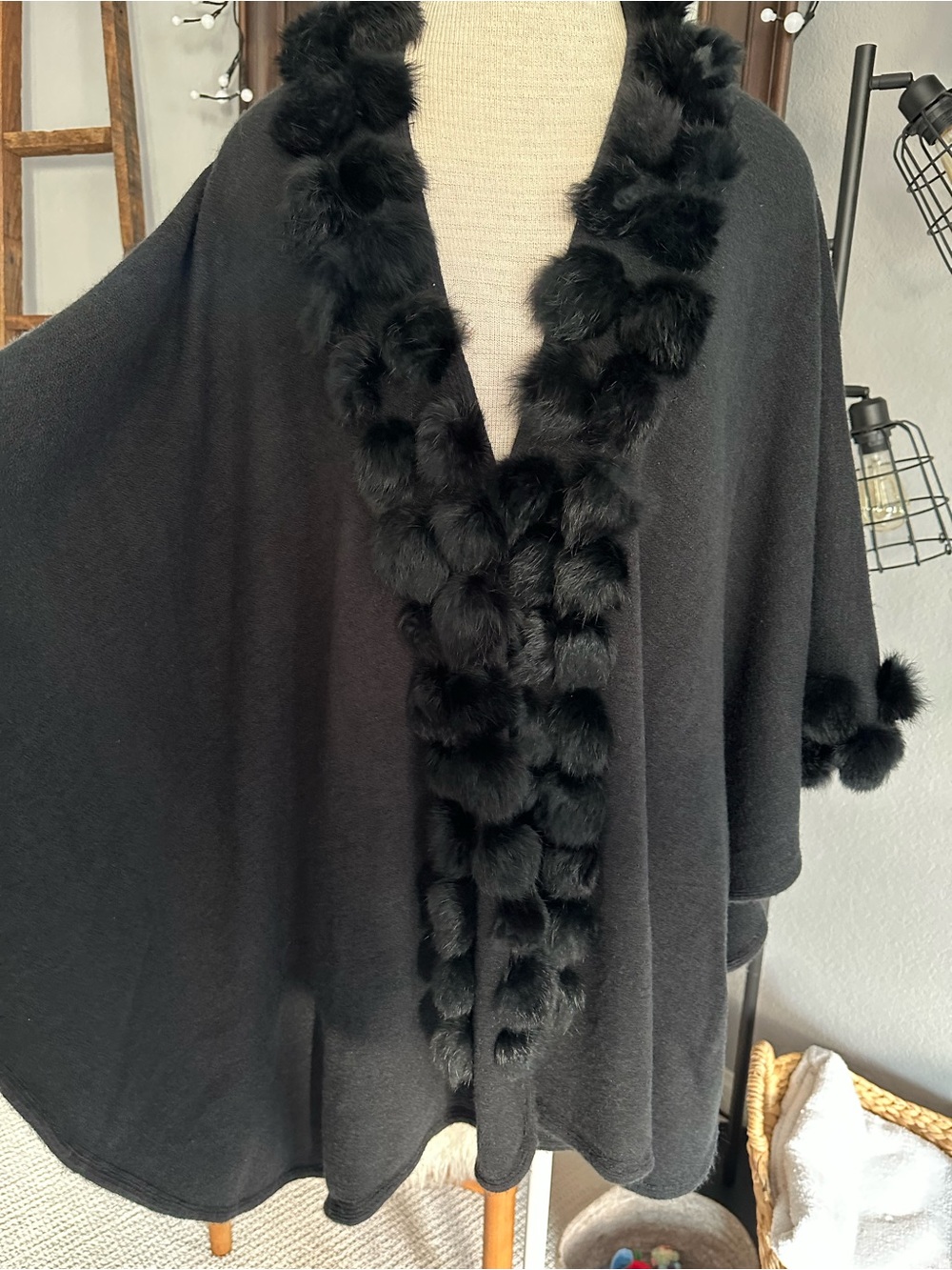 Black Knit Wrap with rabbit fur Pom Pom accents - Picture 9 of 11